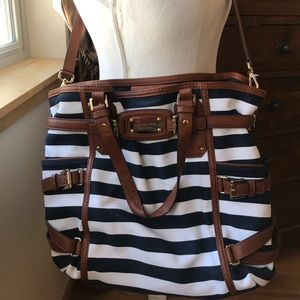 Michael Kors 2 Way Navy & White Striped Canvas w/Luggage Leather Trim.